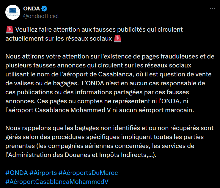 Discovery Morocco - Alerte sur les fausses annonces de vente de valises perdues à l’aéroport
